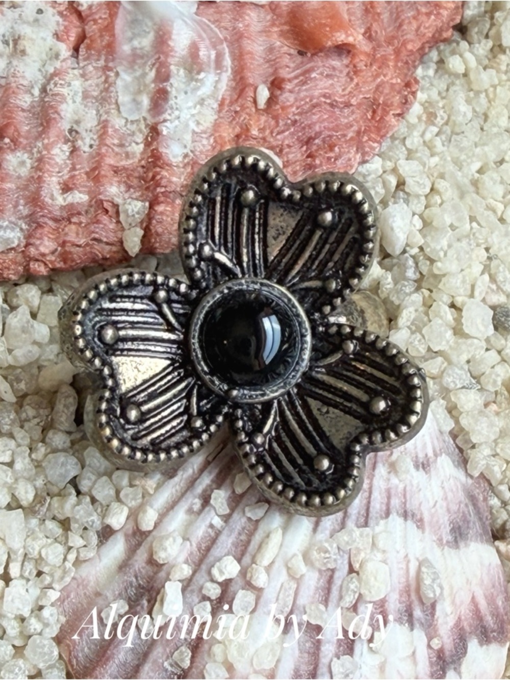 Alquimia Silver-Tone Floral Ring with Black Cabochon